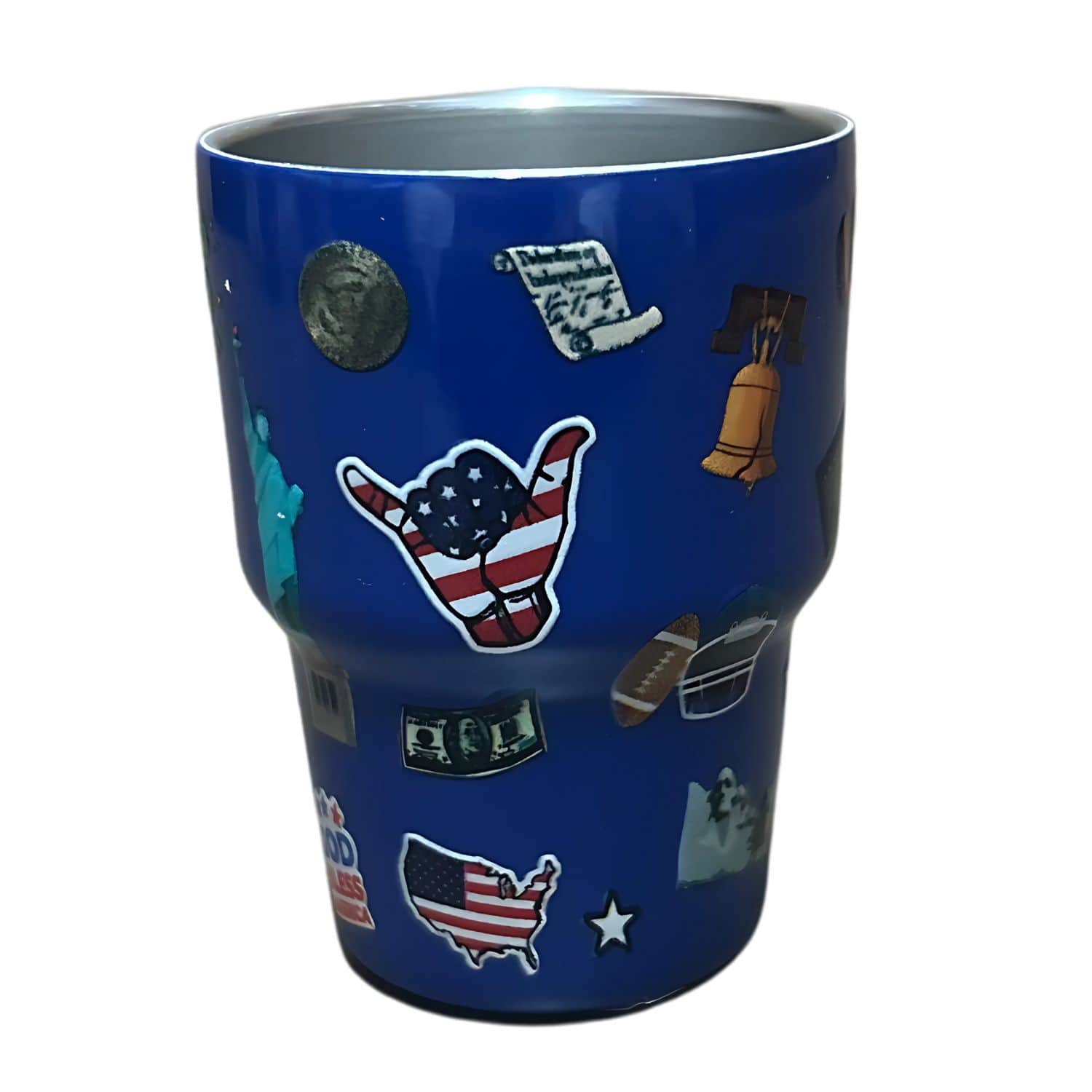 Patriotic Shot Glass in shiny blue metal, showcasing vibrant designs of 'USA', flags, and eagles, set against a festive backdrop.