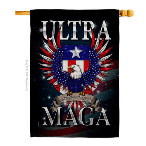 Patriotic Ultra MAGA House Banner displayed outdoors featuring bold graphics, double-sided design on a flag pole in a front yard.