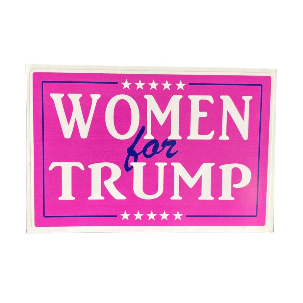 Pink Women For Trump sticker made of durable adhesive vinyl displayed on a laptop, showcasing vibrant colors and political themes.