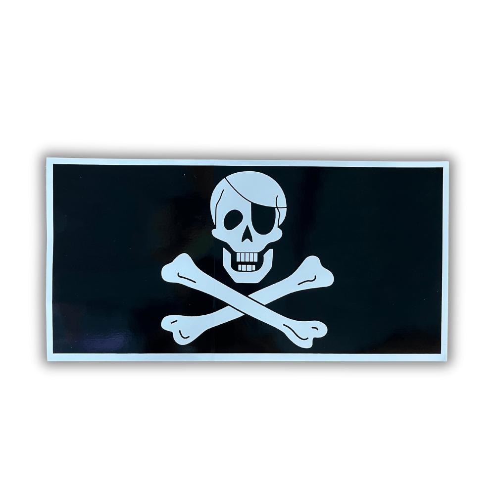 Pirate Crossbones bumper sticker featuring a bold design displayed on a vehicle bumper, highlighting its durable and weatherproof features.