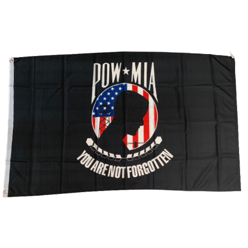 POW You Are Not Forgotten 3x5 flag featuring a recognizable emblem on durable nylon flapping in the wind, symbolizing bravery and remembrance.