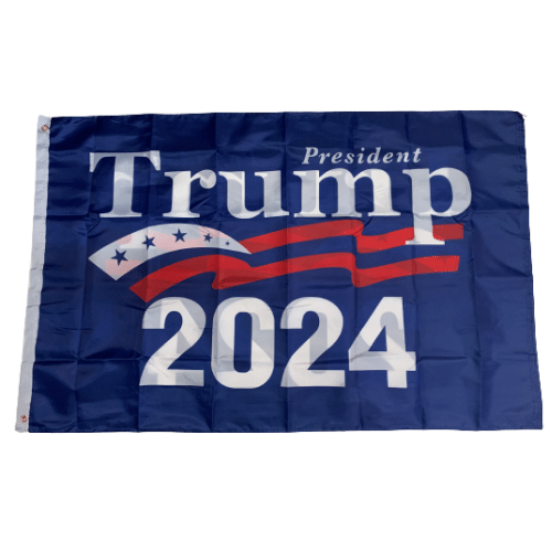Vibrant President Trump 2024 3x5 Flag with blue background and bold white text displayed outdoors on a flagpole, showcasing patriotism.