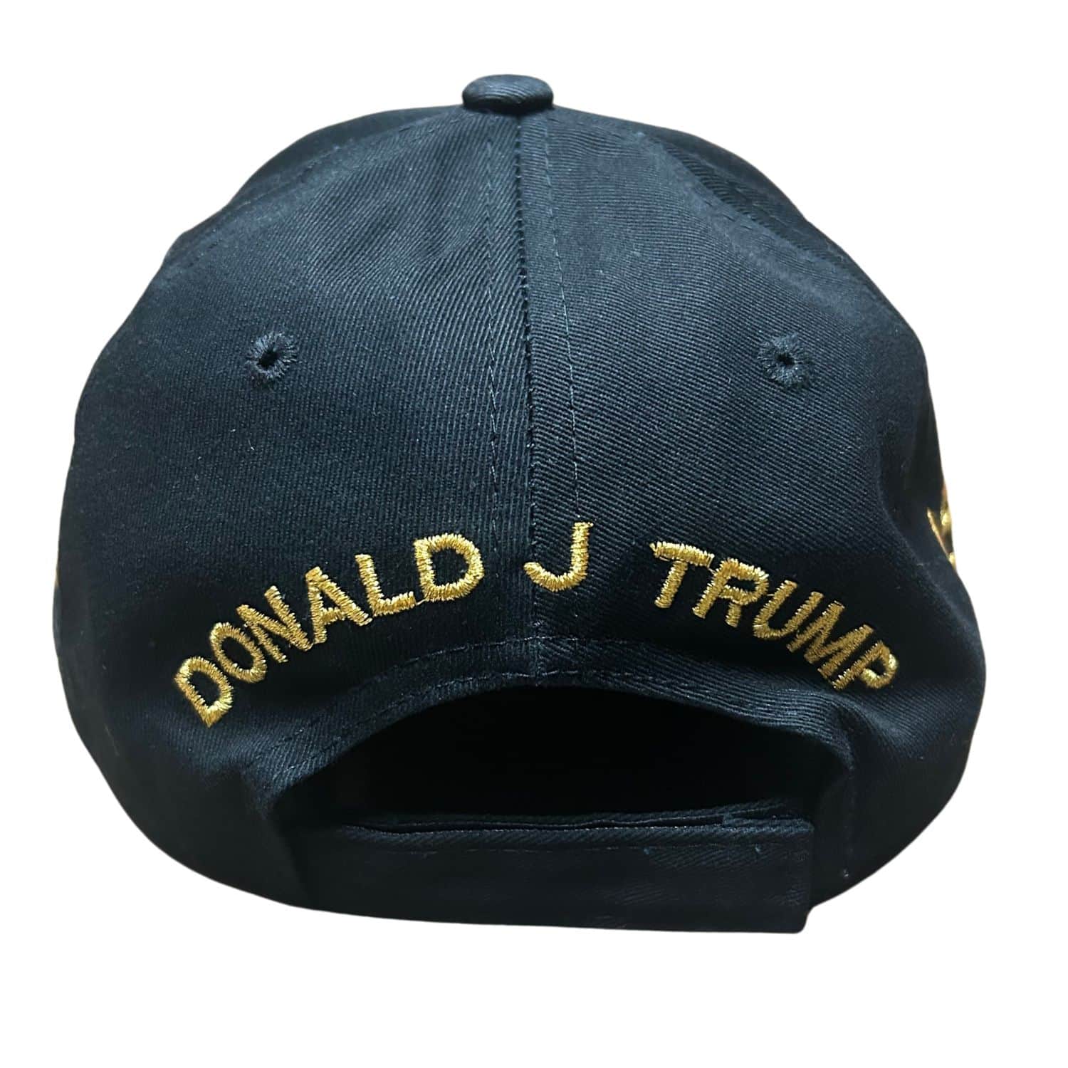President Trump Signature & Seal 45/47 Gold Hat featuring black fabric, gold embroidered Presidential Seal and signature, and American flag detail.
