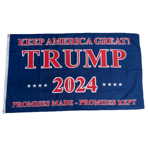 Promises Made Promises Kept Trump 2024 KAG 3x5 Flag featuring bold red lettering on a blue background, displayed outdoors with a flagpole.