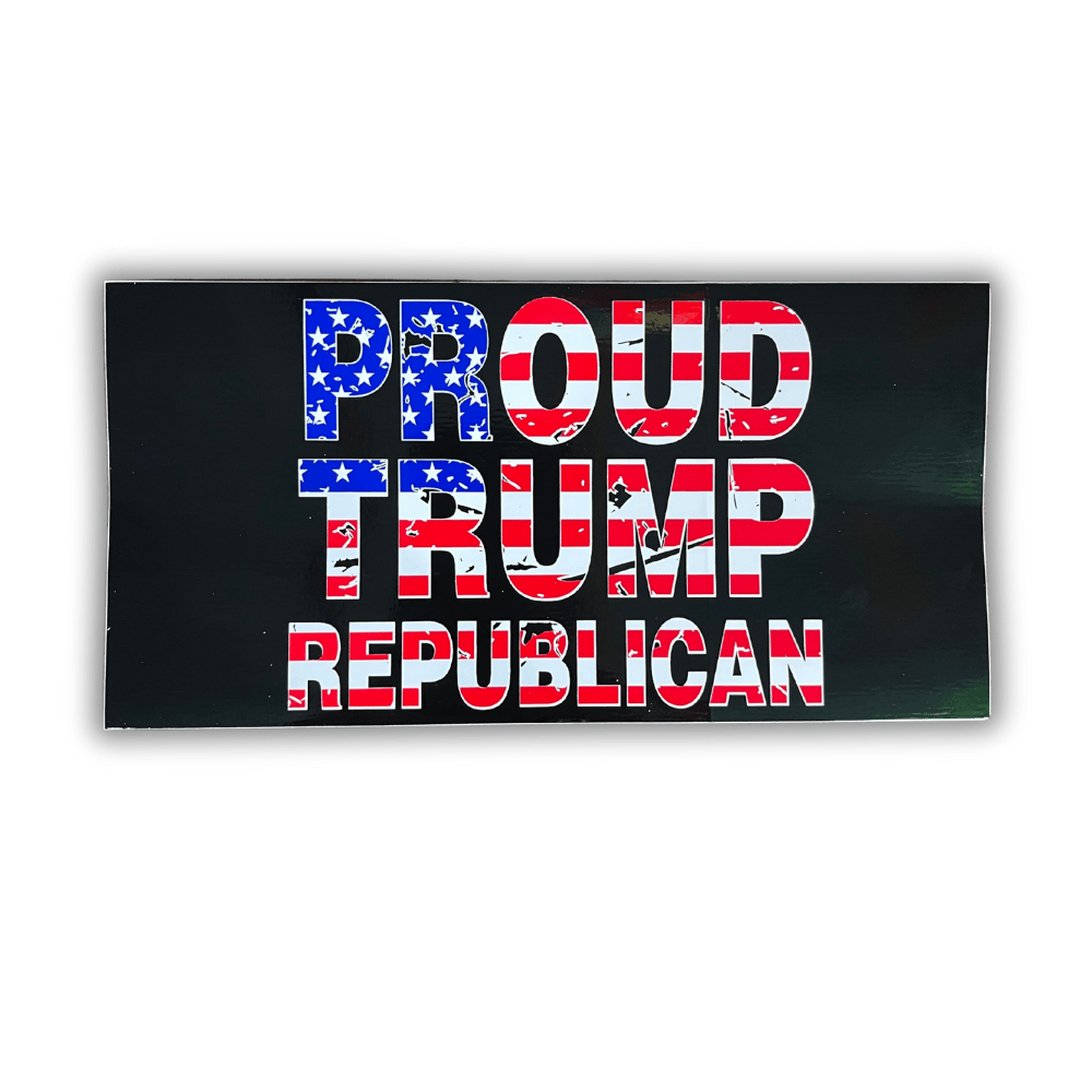 Proud Trump Republican bumper sticker measuring 7.5 x 4 inches displayed on the rear bumper of a vehicle with a clear, bold design.