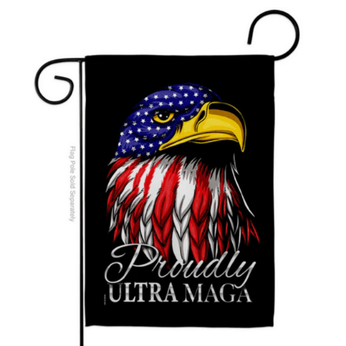 Proudly Ultra MAGA garden flag featuring vibrant graphics, displayed on a garden stand amidst greenery, ideal for political enthusiasts.