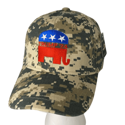 Real Camo GOP Elephant Trump '24 Hat featuring a digital camouflage pattern and GOP elephant logo, perfect for showing political support.