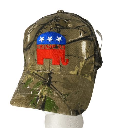 Real Camo GOP Elephant Trump '24 Hat featuring adjustable strap and camo print, displaying GOP elephant emblem prominently on front.