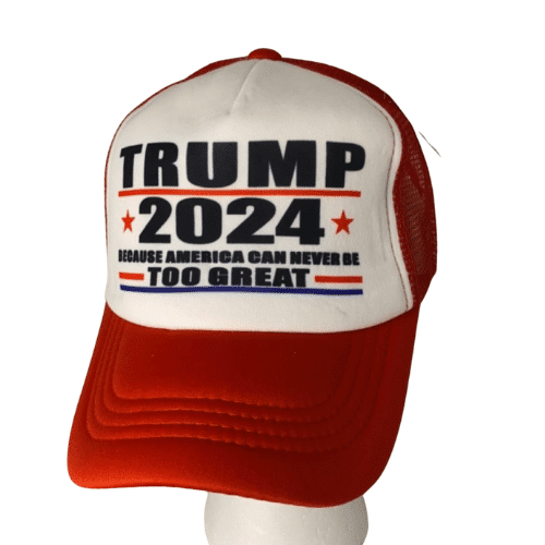 Red Foam/Mesh hat with the phrase 'Because America Can Never Be Too Great', featuring a structured foam front and breathable mesh back.