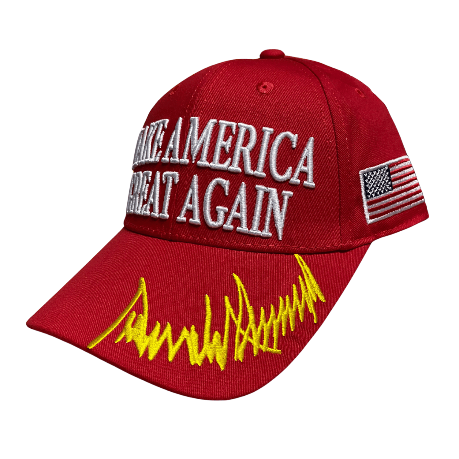 Red MAGA 45/47 Hat featuring bold white 'Make America Great Again' embroidery and gold Trump signature, displayed outdoors.