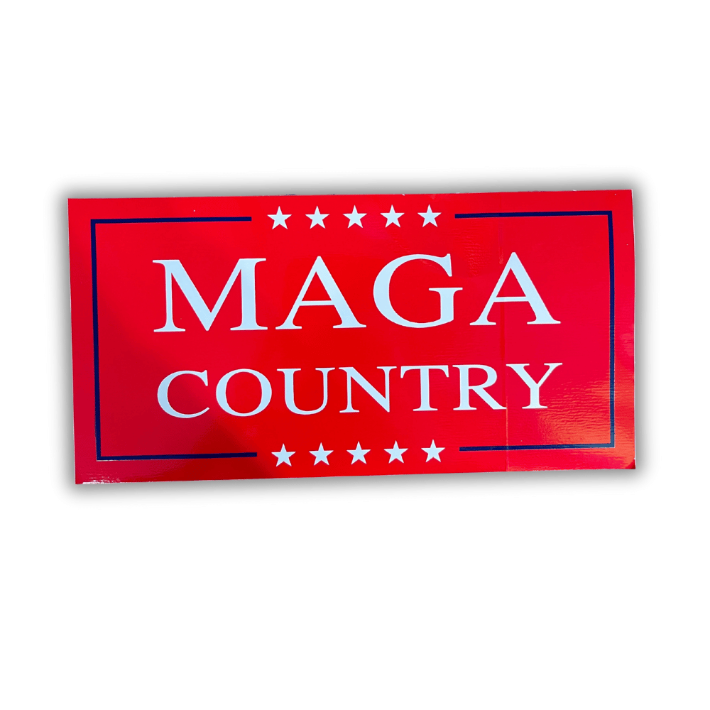 Red MAGA Country bumper sticker displayed on a car bumper, showcasing bold lettering on premium outdoor-grade vinyl.