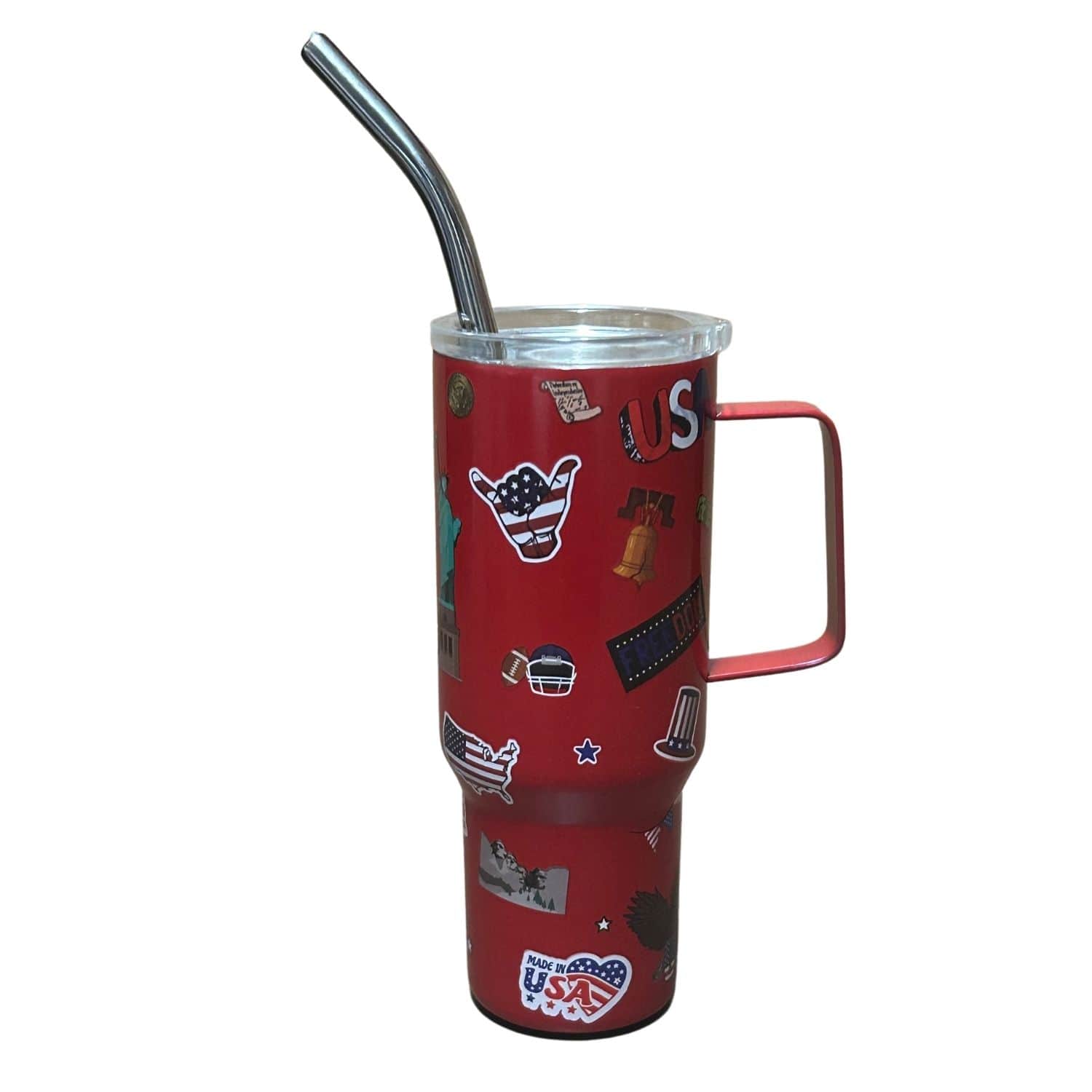 Red Patriotic Mini Tumbler showcasing American flags, eagles, and stars against a vibrant stainless steel design, perfect for on-the-go patriotism.