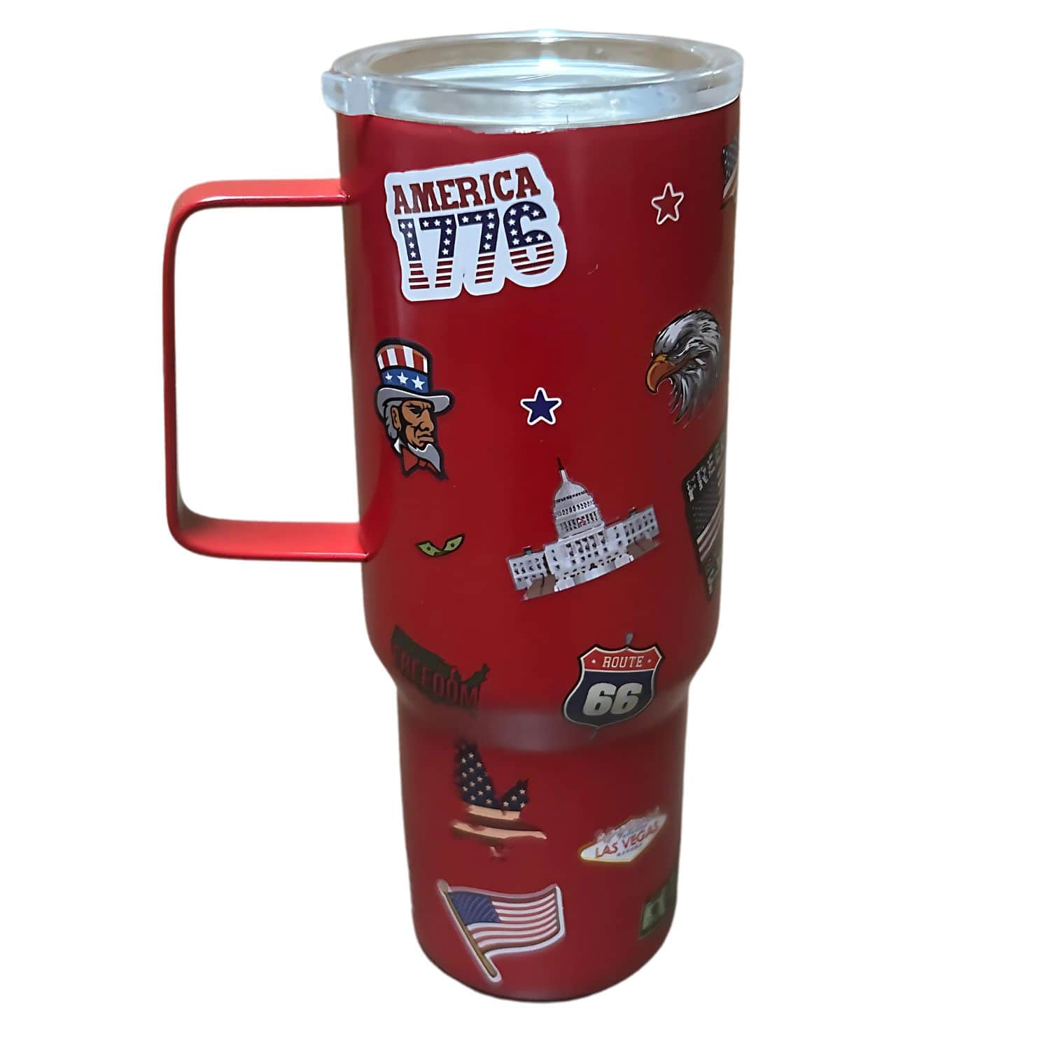 Red Patriotic Mini Tumbler showcasing American flags, eagles, and stars against a vibrant stainless steel design, perfect for on-the-go patriotism.