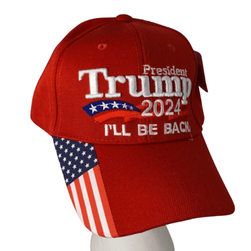 Red President Trump 2024 'I'll Be Back' Hat with patriotic banner design and embroidered logo displayed against a neutral background.