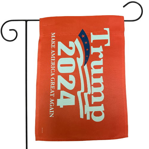 Red Trump 2024 Wave MAGA Garden Flag featuring bold white letters displayed on a garden flag pole in an outdoor setting.