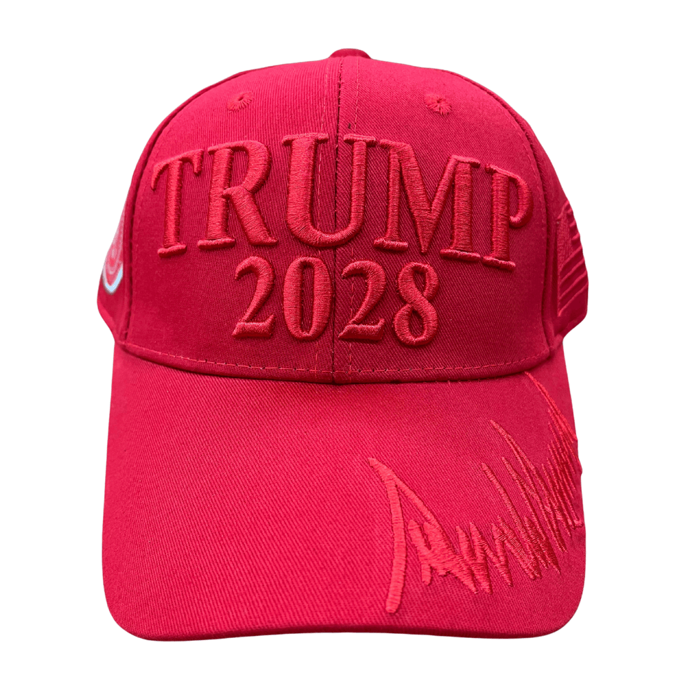 Red Trump 2028 Signature Hat featuring bold embroidery and Donald J. Trump's signature, perfect for rallies and casual occasions.