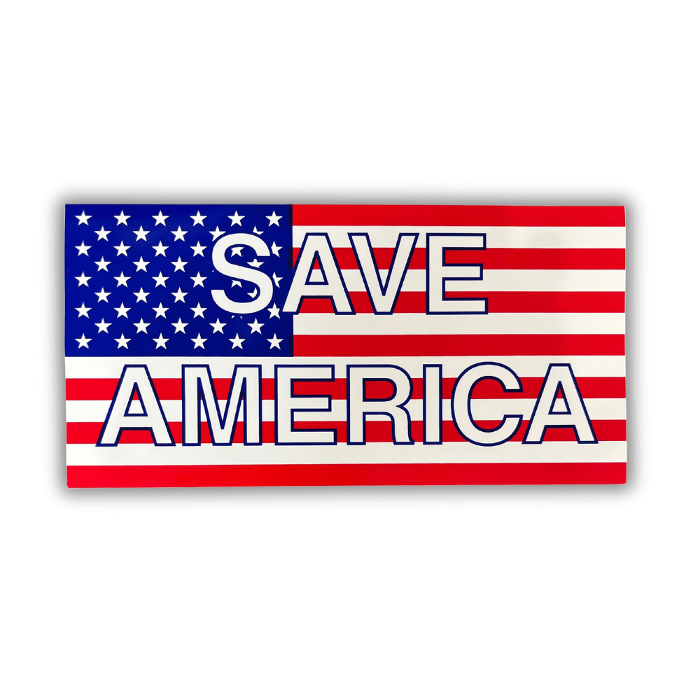 Save America bumper sticker measuring 7.5 x 4 inches with bold design, adhered to the bumper of a car showing patriotic spirit.