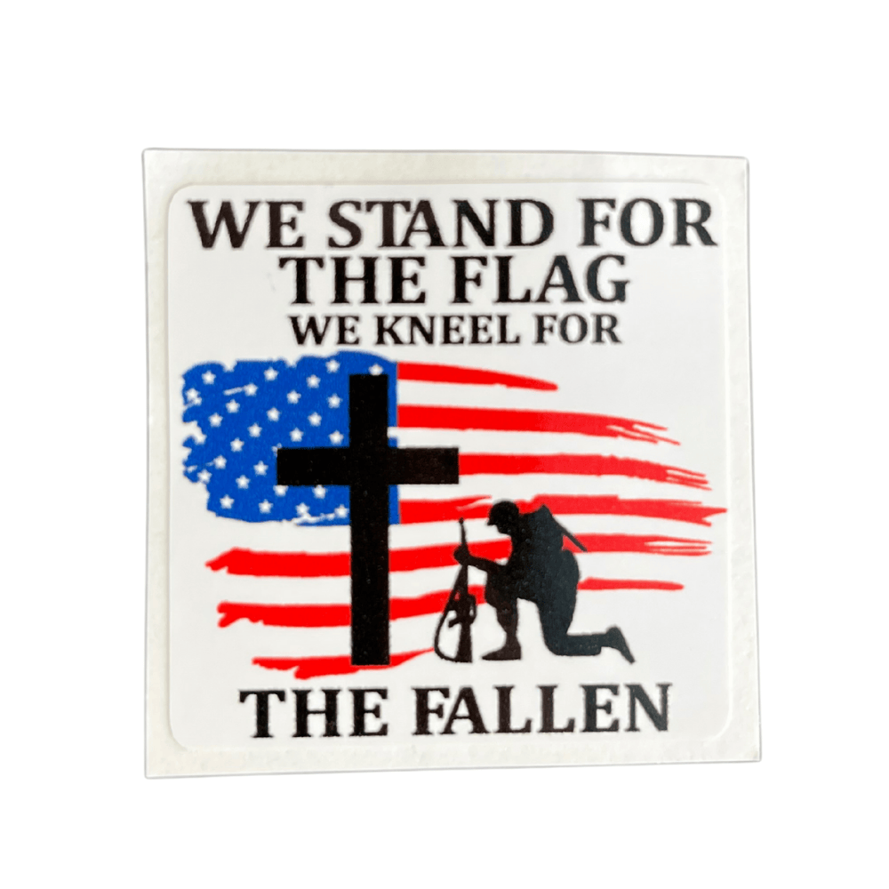 Stand For The Flag sticker in bold American colors, adhered to a car window, showcasing patriotic spirit and values.
