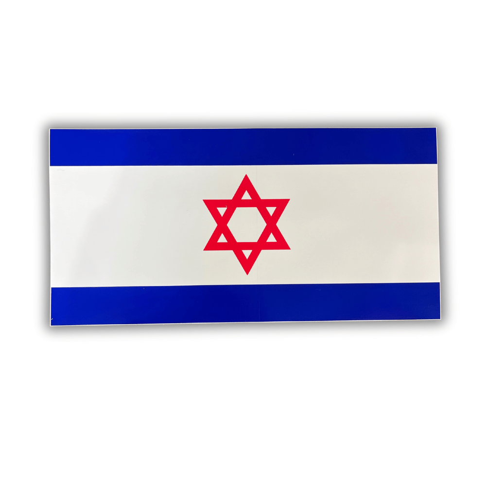 Star of David bumper sticker made of premium vinyl, displayed on the back of a truck, showcasing vibrant blue colors against a white background.