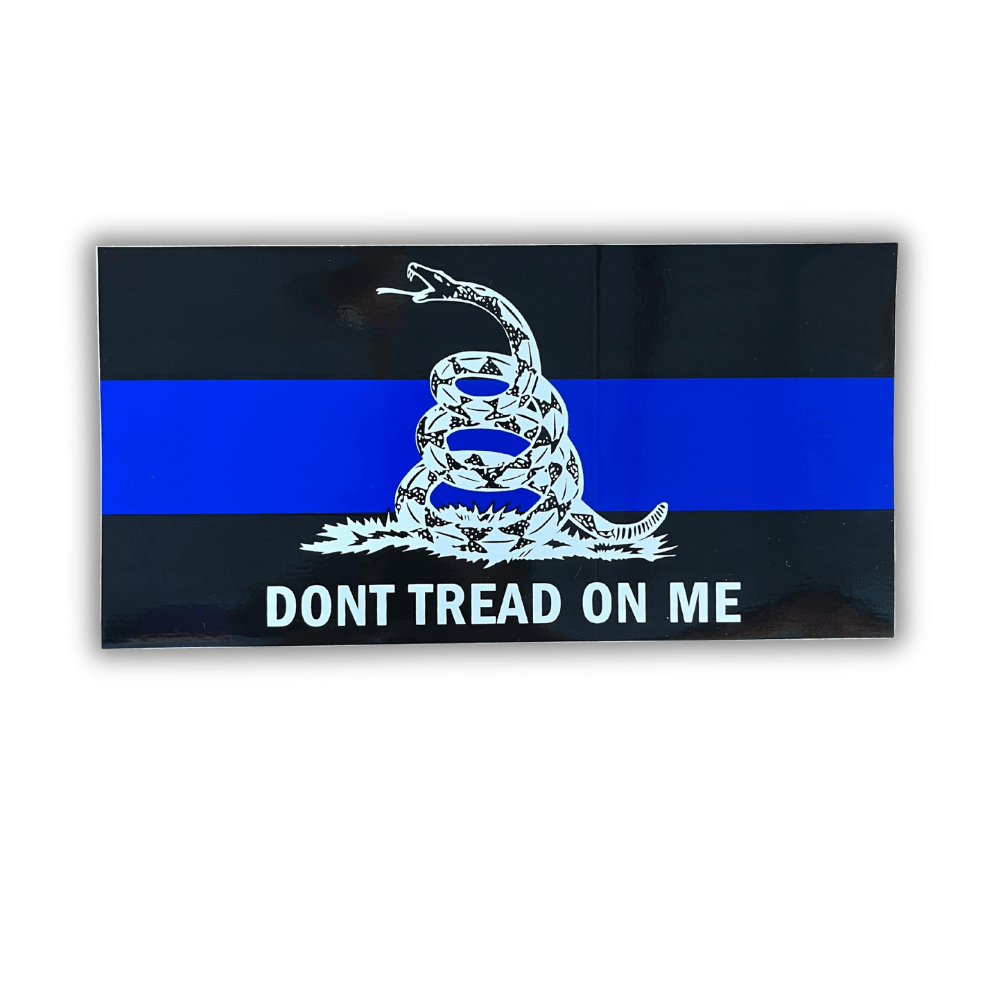 Thin Blue Line Gadsden Bumper Sticker featuring a coiled snake design on a bumper, showcasing American pride and support for law enforcement.