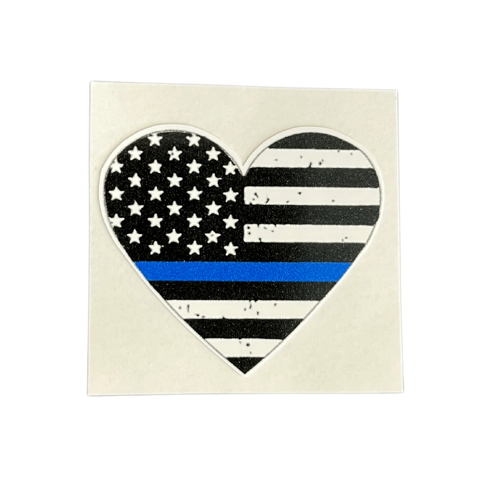 Thin Blue Line Heart Sticker designed from durable all-weather vinyl, depicting a heart with the thin blue line, suitable for various surfaces.