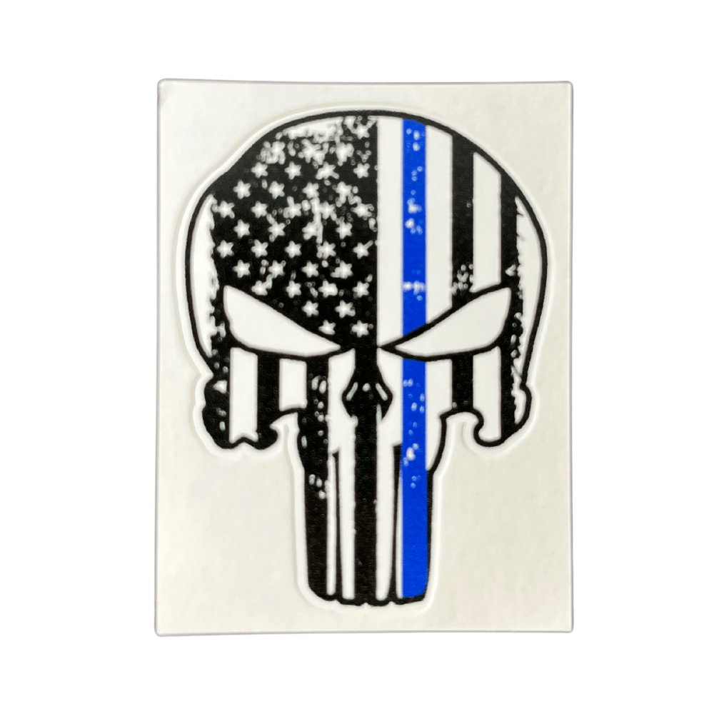 Thin Blue Line Punisher Sticker featuring a bold skull design on a smooth surface, showcasing patriotic law enforcement support.