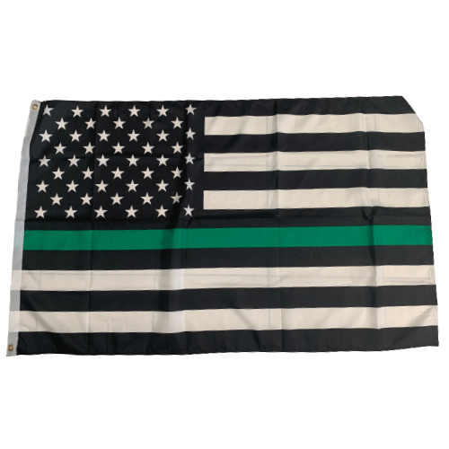 Thin Green Line 3x5 flag featuring a bold green line on a black background, designed for outdoor display and honoring military personnel.