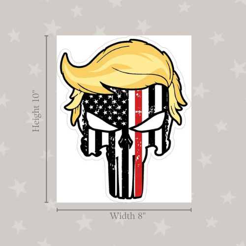 Thin Red Line Trump Punisher Super Sized Sticker displayed on a vehicle, showcasing the Punisher skull design over the Thin Red Line.