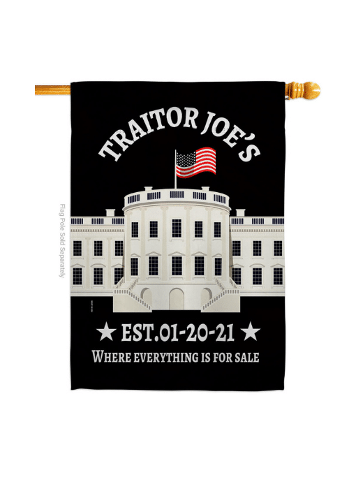 Traitor Joe's Black House Flag with anti-Biden design displayed outdoors, showcasing its vivid colors and playful message against a sunny backdrop.