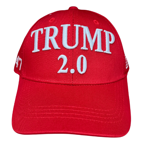 The Trump 2.0 Red Hat featuring bold white embroidery and American flag detail, worn in an outdoor setting to showcase patriotism.