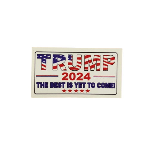 Trump 2024 Best Yet mini sticker featuring vibrant graphics and a witty slogan displayed on a laptop in an outdoor setting.