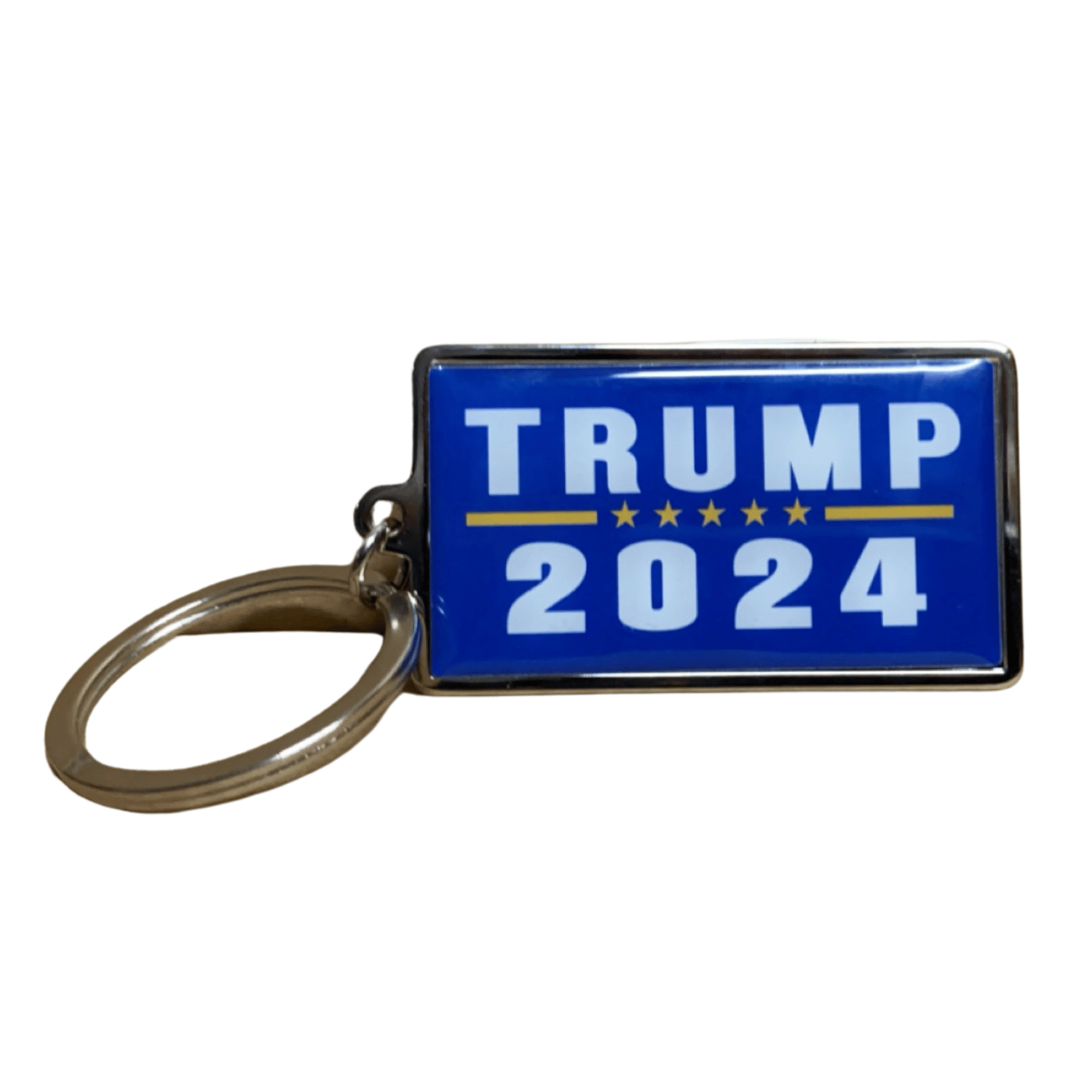 Trump 2024 Blue Keychain with vibrant design and sturdy ring, perfect for holding keys and showcasing political support.