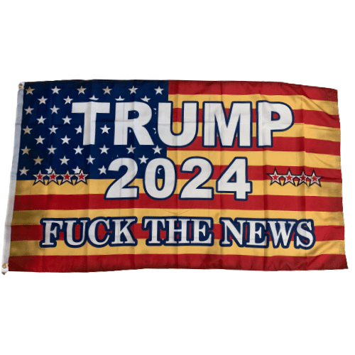Trump 2024 Fuck The News 3x5 flag with stark white lettering over a tea-stained American flag background displayed outdoors.