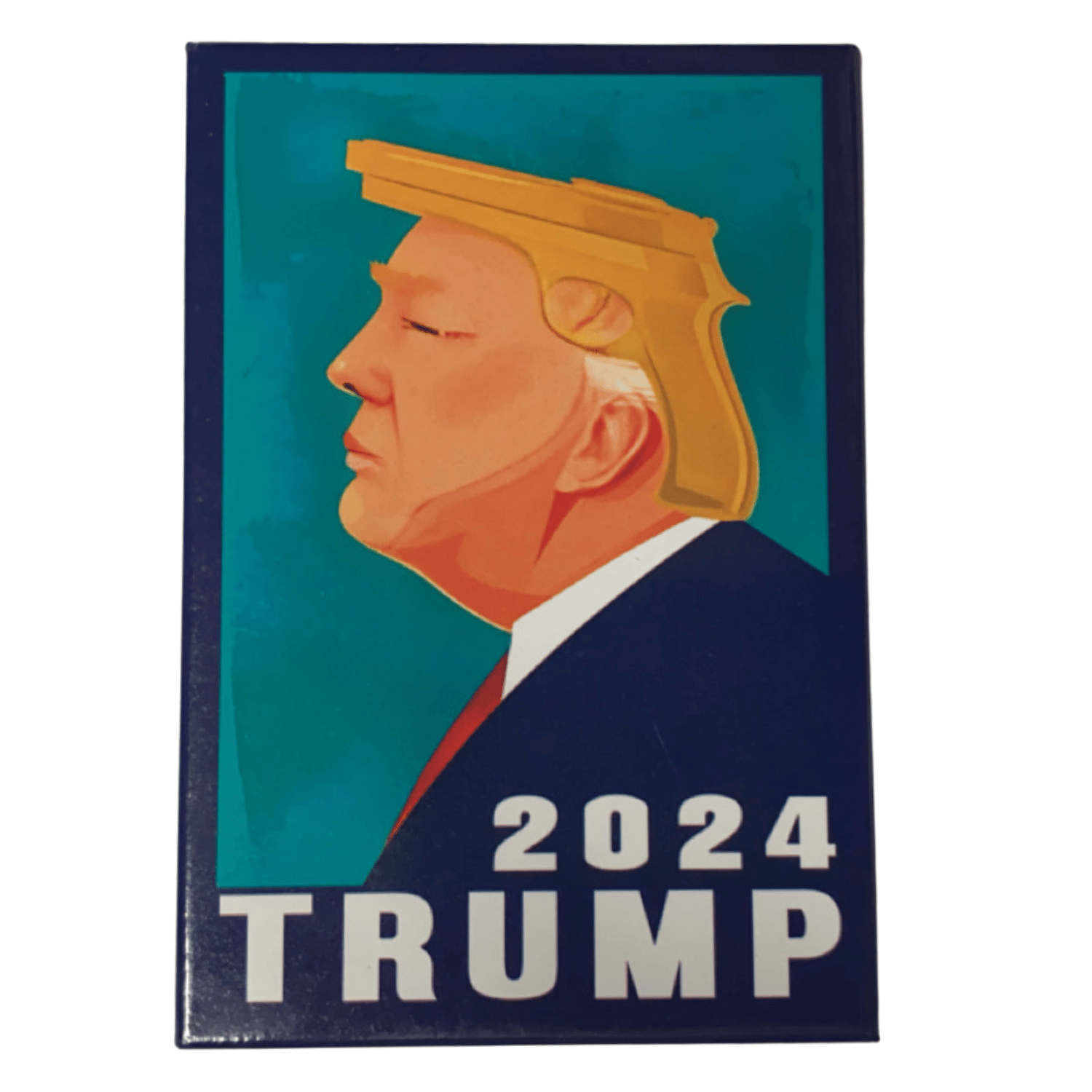 Trump 2024 Gold Pistol Hair Magnet featuring Trump's profile with golden hair shaped like a pistol, displayed against a vibrant blue backdrop.