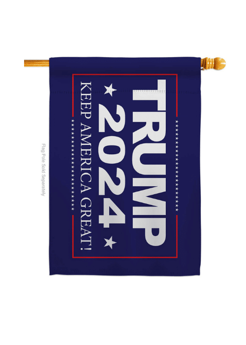 Trump 2024 Keep America Great double-sided house flag in vibrant blue displaying bold text, flying prominently on an outdoor flag pole.