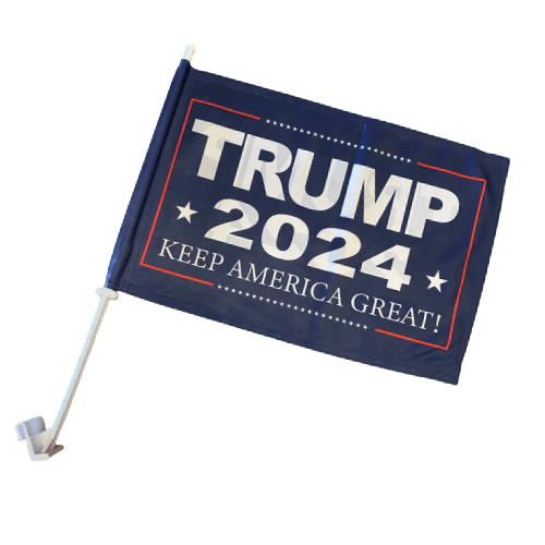 Trump 2024 Keep America Great Car Flag displayed on a vehicle, showcasing bold colors and the slogan for outdoor visibility and support.