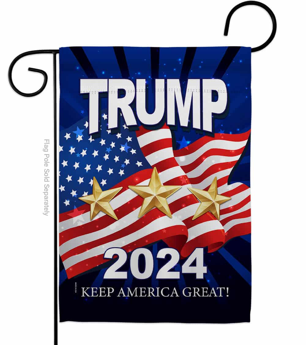 Trump 2024 Keep America Great double-sided garden flag showcasing bold colors and design displayed in an outdoor garden setting.