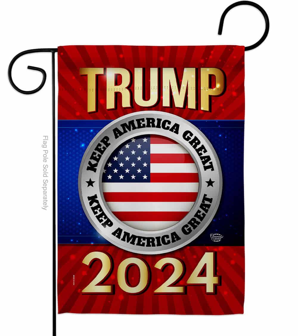 Trump 2024 Keep America Great double-sided garden flag with bold colors, displayed in a vibrant garden setting, showcasing patriotic support.