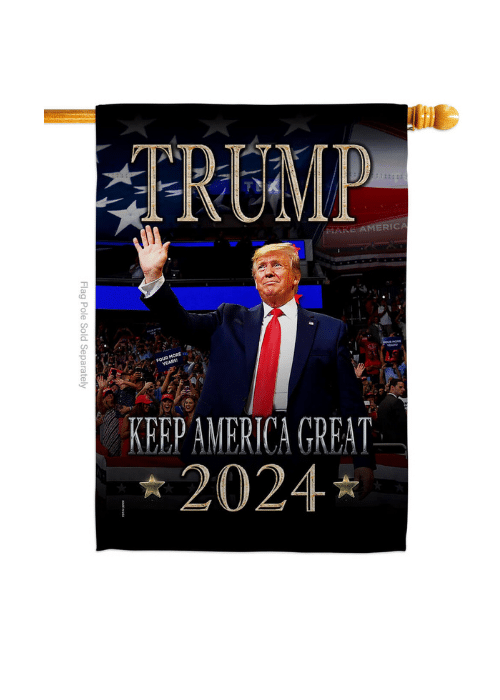 Trump 2024 Keep America Great double-sided house flag measuring 28x40 inches, made from durable, all-weather polyester, displayed outside a home.