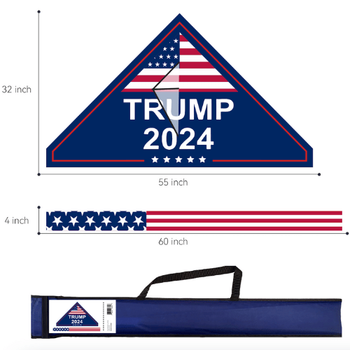 Trump 2024 Kite displaying patriotic colors, measuring 32x55 inches with a long tail flying high against a bright blue sky.
