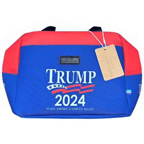 Trump 2024 Make America Great Again Lunch Bag in red and blue, featuring the slogan, displayed against a white background with side pocket.