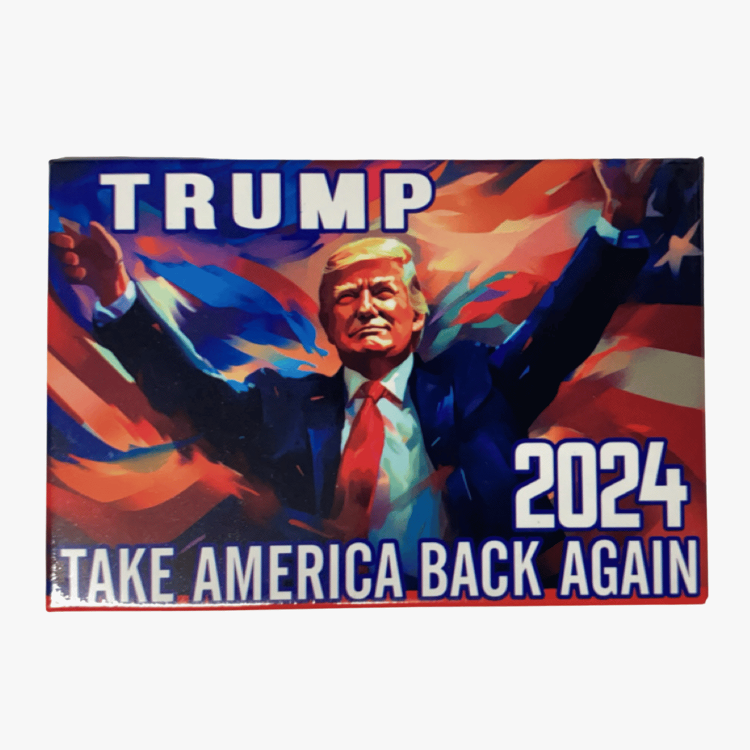 Trump 2024 Patriotic Gradient Magnet featuring vibrant colors and Trump's pose, ideal for display on refrigerators or cars.