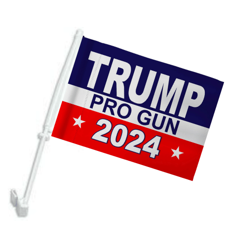 Trump 2024 Pro Gun Car Flag displayed on a vehicle, featuring a bold pro-gun design in vibrant colors, signifying support for the Second Amendment.