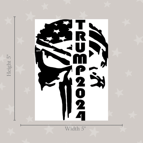 Trump 2024 Punisher Black & White Medium Sticker displayed on a laptop, featuring a striking Punisher skull design for political pride.