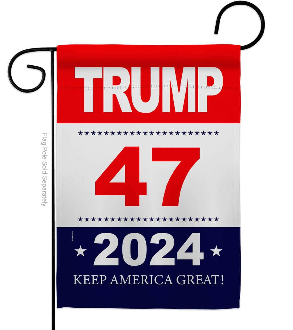 Trump 2024 Red White & Blue garden flag displayed in a yard, showing vibrant colors and double-sided design, perfect for outdoor political support.