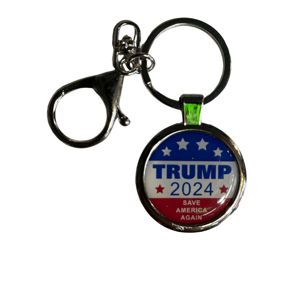 Trump 2024 Save America Again Keychain with red, white, and blue design and polished metal frame, displayed with keys.