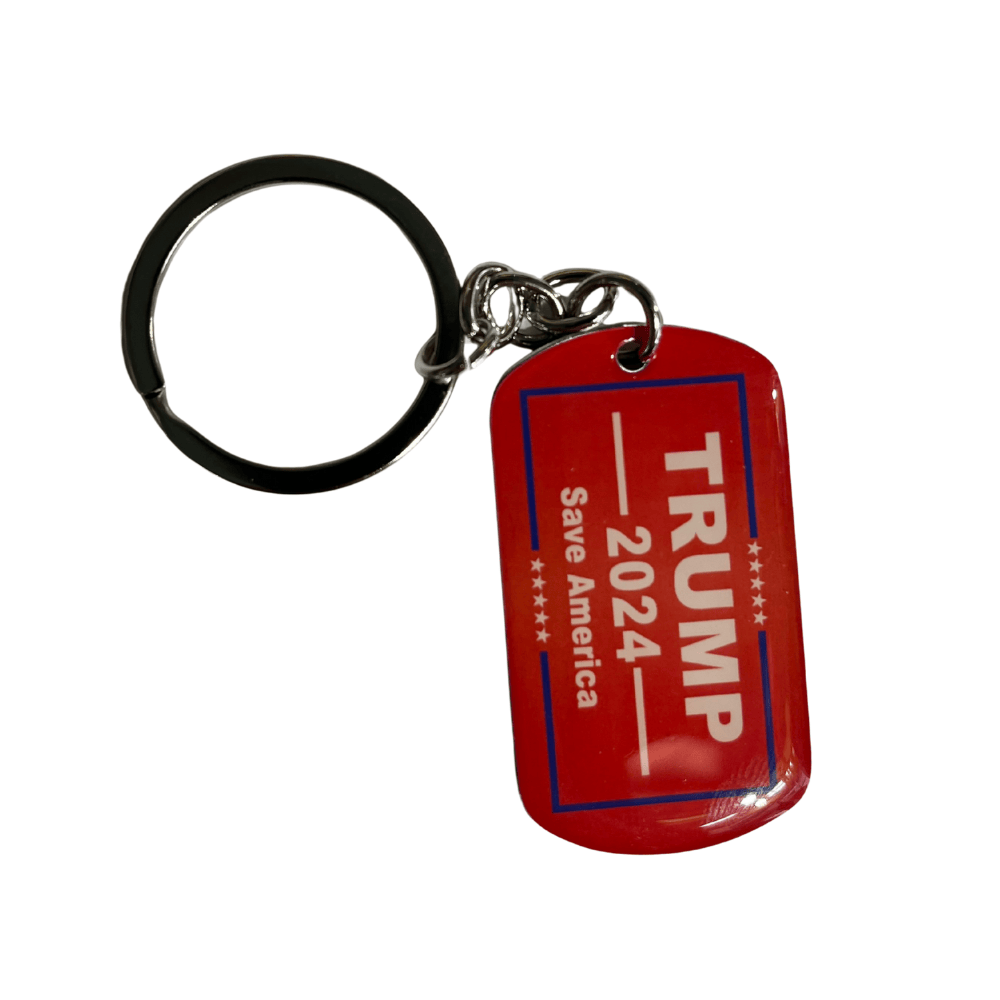 Trump 2024 Save America Red Dog Tag Keychain featuring a bold red and blue campaign design with white lettering and stars.