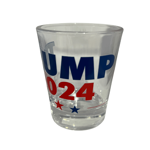 Trump 2024 shot glass featuring bold navy lettering and stars in red and blue, ideal for patriotic supporters.
