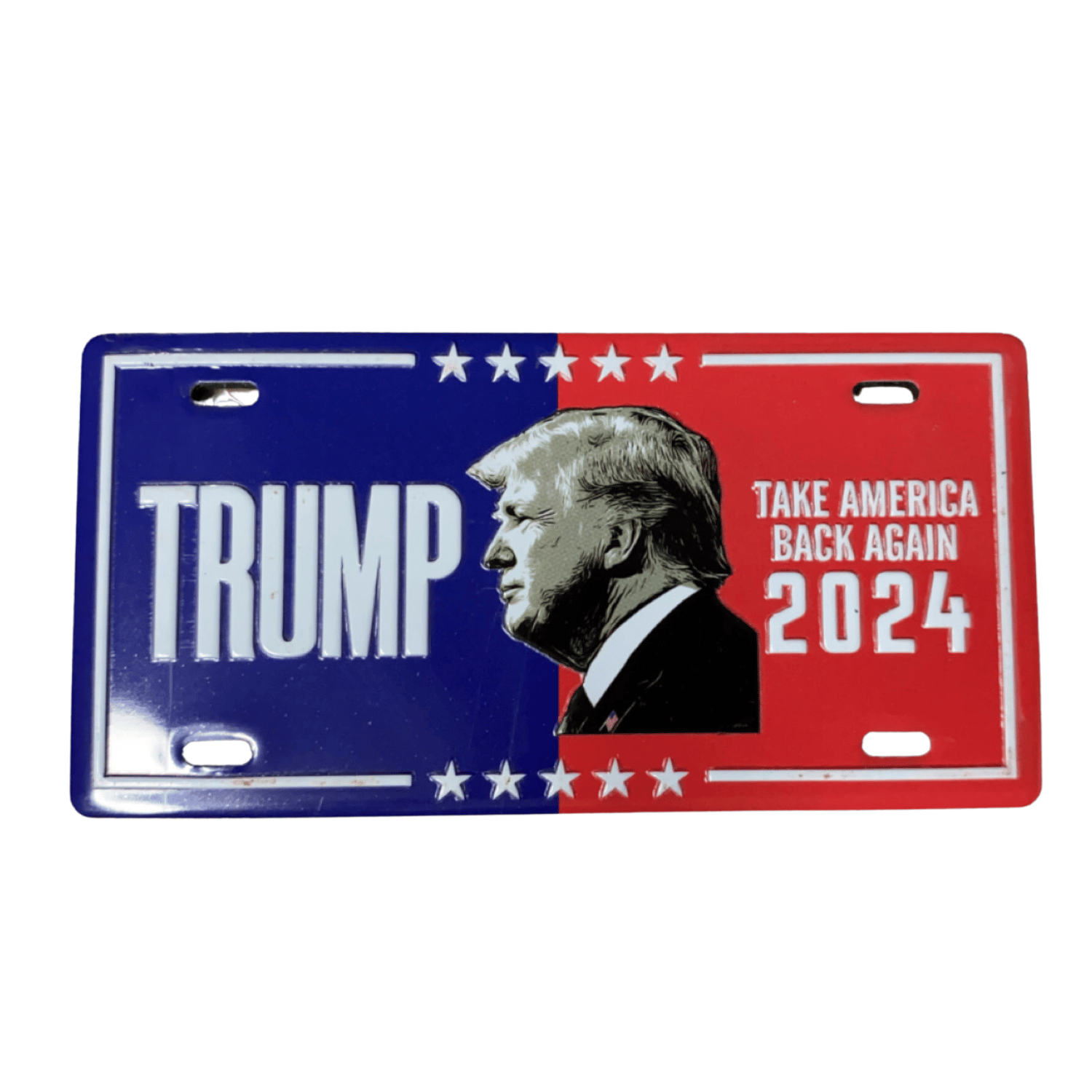 Trump 2024 Take America Back Again license plate magnet featuring bold red and blue design with Trump's profile, ideal for cars or home displays.