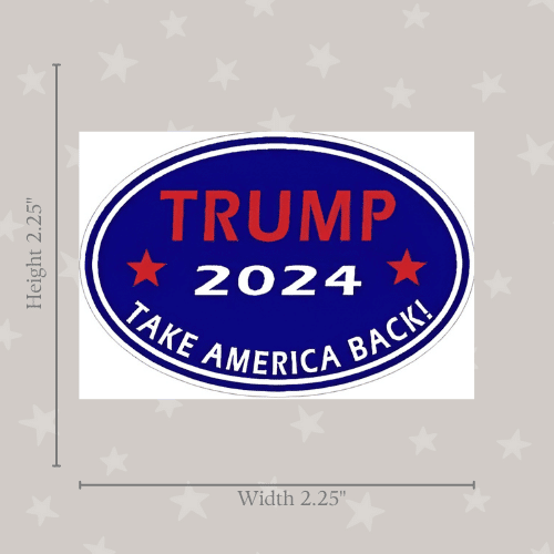 Trump 2024 Take America Back mini sticker featuring bold graphics and witty phrases displayed on a laptop surface in a vibrant setting.